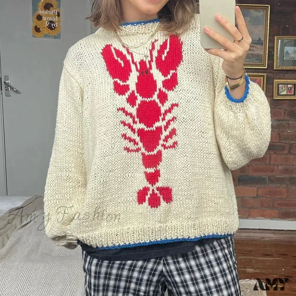 Y2K Knitted Pullovers 90s Vintage Grunge Preppy Style Lobster Pattern Autumn Winter Long Sleeve Cozy Sweater - Image 6