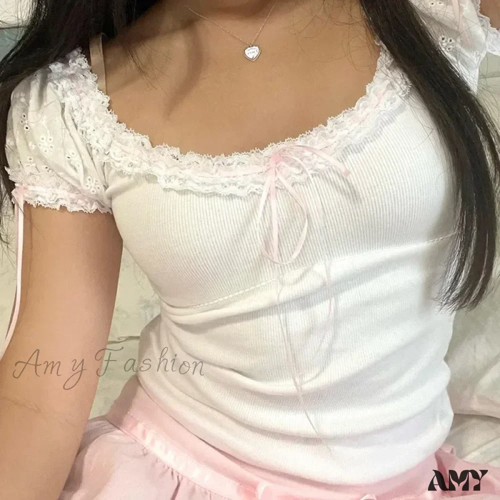 Y2K Lace Trim Cute Bow White Lolita Summer Slim-Fit Short Sleeve Crop Top - Image 3