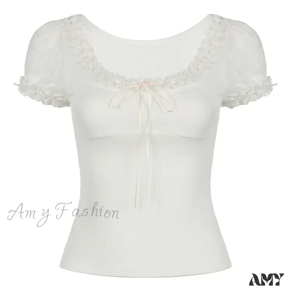 Y2K Lace Trim Cute Bow White Lolita Summer Slim-Fit Short Sleeve Crop Top - Image 5