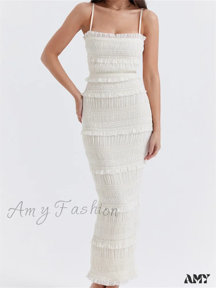 Amy Fashion - Y2K Ruched Sleeveless Strap Sling for Women Ruffles Square Neck Low Cut Back Split Female Vestidos