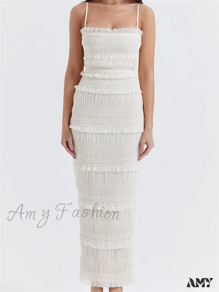 Amy Fashion - Y2K Ruched Sleeveless Strap Sling for Women Ruffles Square Neck Low Cut Back Split Female Vestidos - Image 2