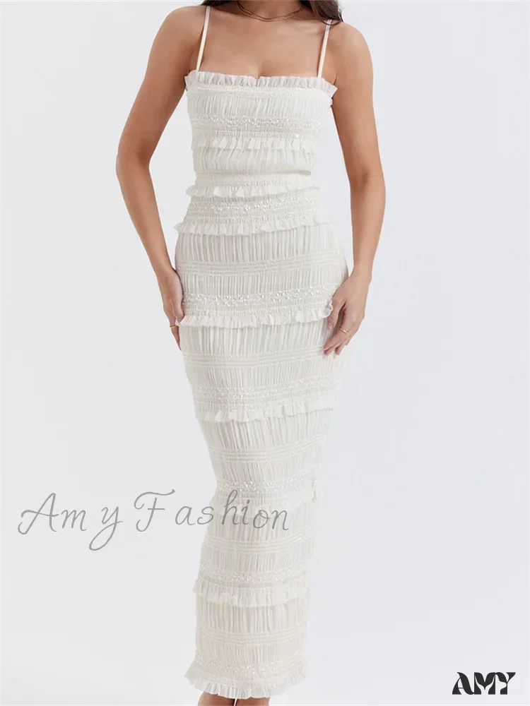 Amy Fashion - Y2K Ruched Sleeveless Strap Sling for Women Ruffles Square Neck Low Cut Back Split Female Vestidos - Image 3