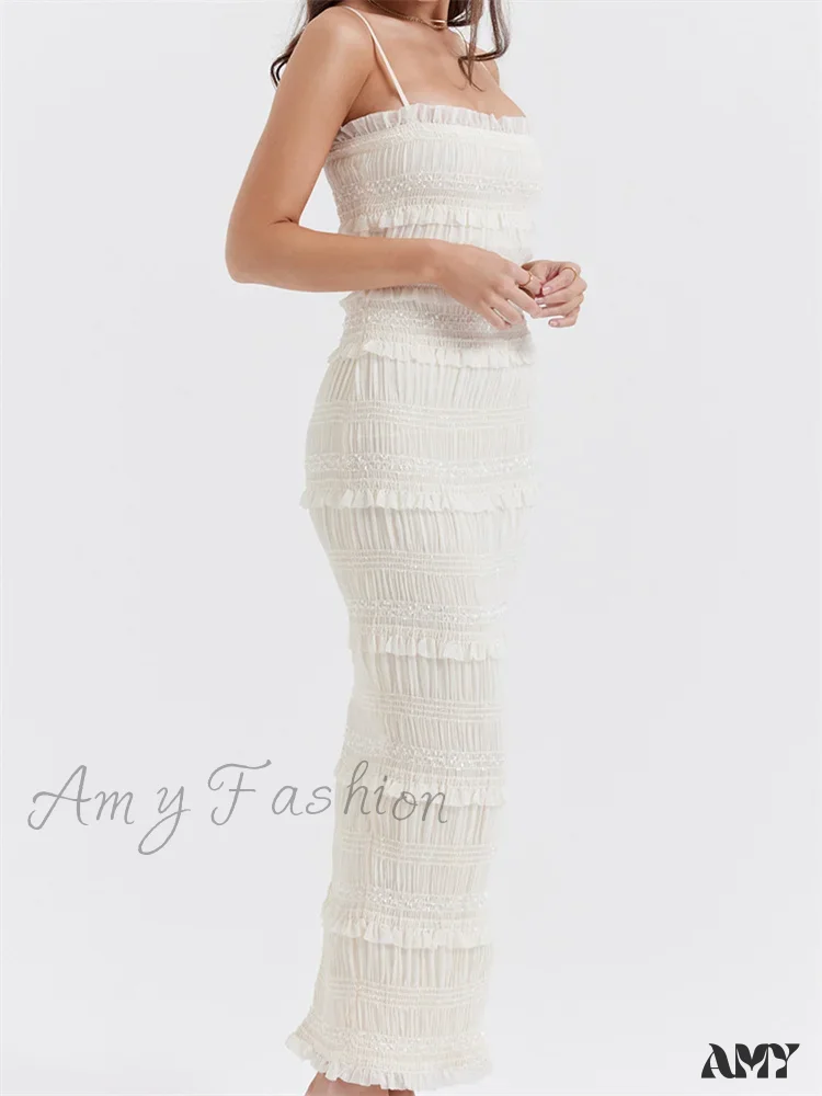 Amy Fashion - Y2K Ruched Sleeveless Strap Sling for Women Ruffles Square Neck Low Cut Back Split Female Vestidos - Image 4