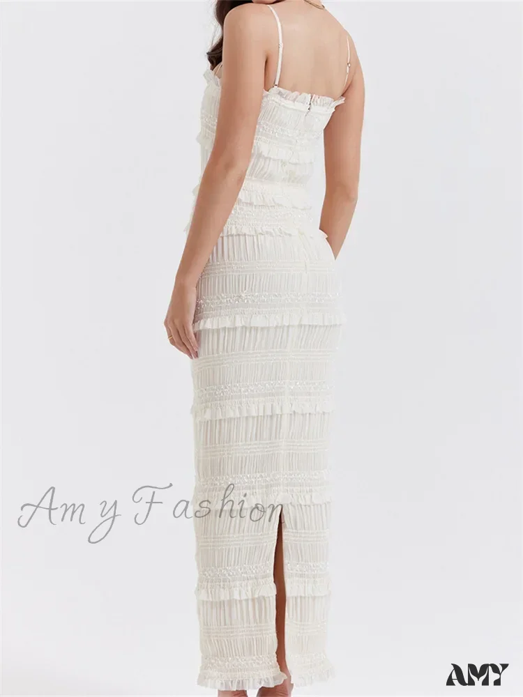 Amy Fashion - Y2K Ruched Sleeveless Strap Sling for Women Ruffles Square Neck Low Cut Back Split Female Vestidos - Image 5