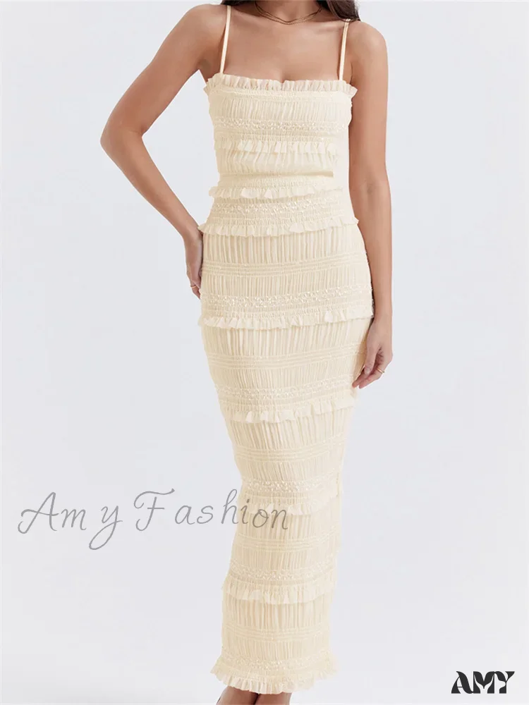 Amy Fashion - Y2K Ruched Sleeveless Strap Sling for Women Ruffles Square Neck Low Cut Back Split Female Vestidos - Image 8
