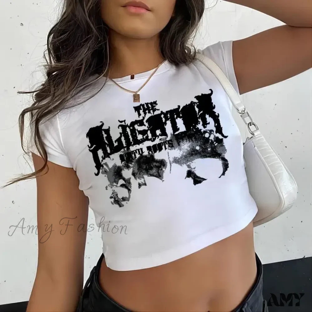 Y2K Sexy Slim Short Sleeve Round Neck Figure Print Cool Street Fashion Crop Top - Image 5