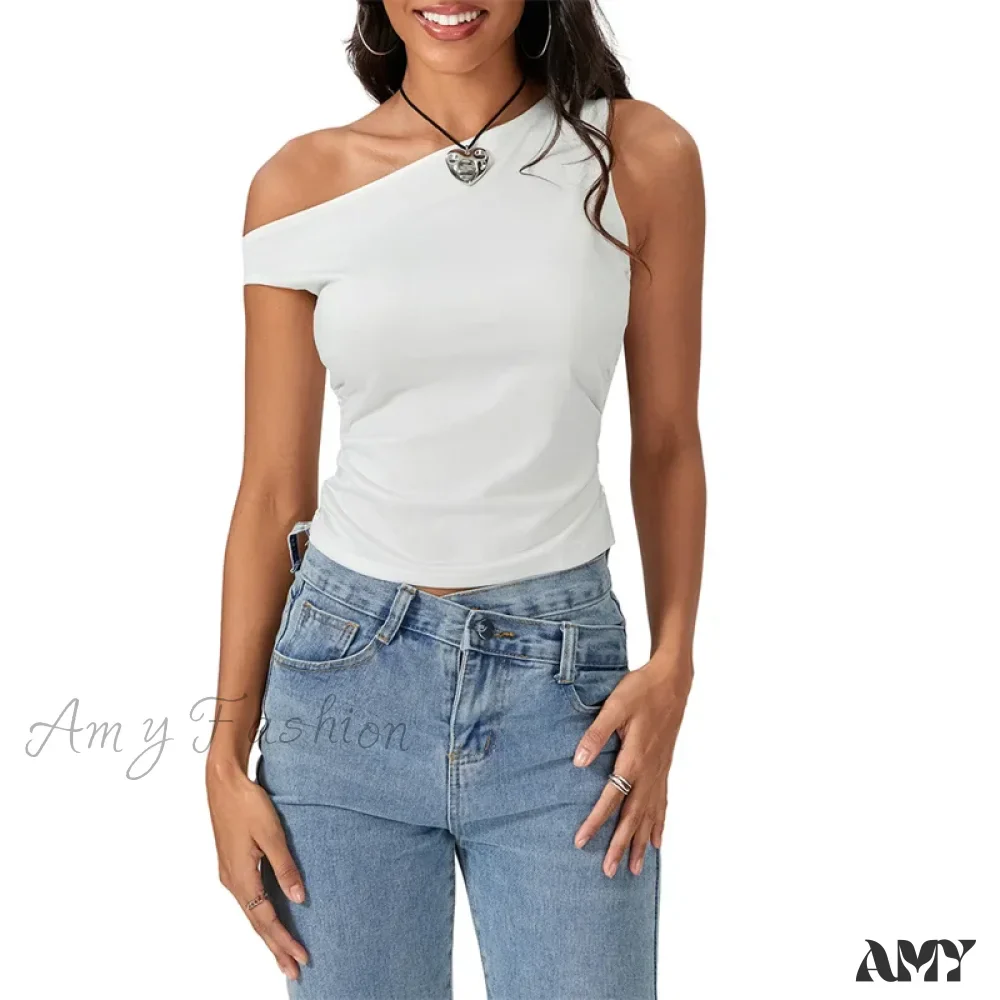 Y2k Solid Color Oblique Shoulder Sleeveless Aesthetic Summer Streetwear Crop Top - Image 10