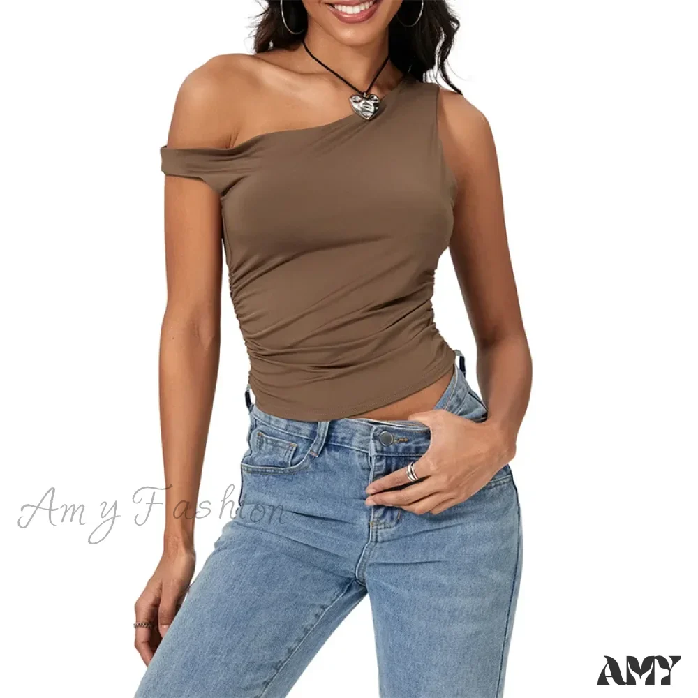 Y2k Solid Color Oblique Shoulder Sleeveless Aesthetic Summer Streetwear Crop Top - Image 11