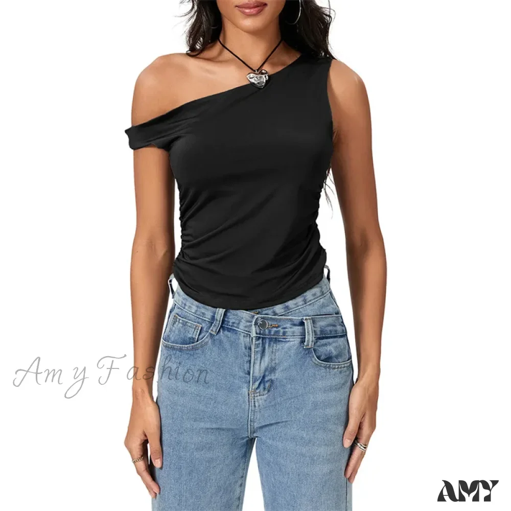 Y2k Solid Color Oblique Shoulder Sleeveless Aesthetic Summer Streetwear Crop Top - Image 2
