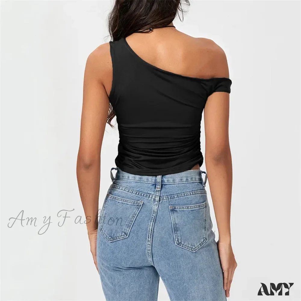 Y2k Solid Color Oblique Shoulder Sleeveless Aesthetic Summer Streetwear Crop Top - Image 3