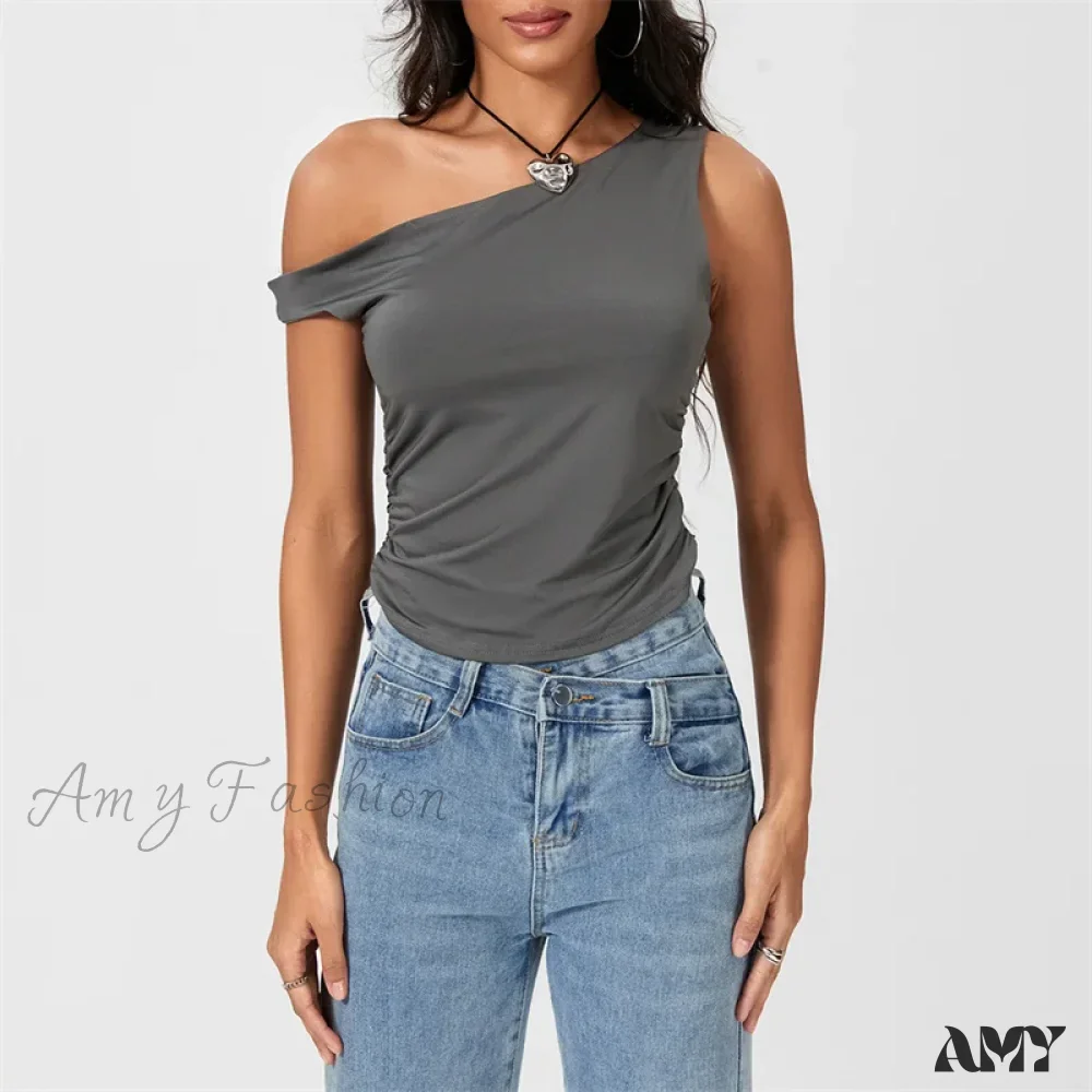 Y2k Solid Color Oblique Shoulder Sleeveless Aesthetic Summer Streetwear Crop Top - Image 4