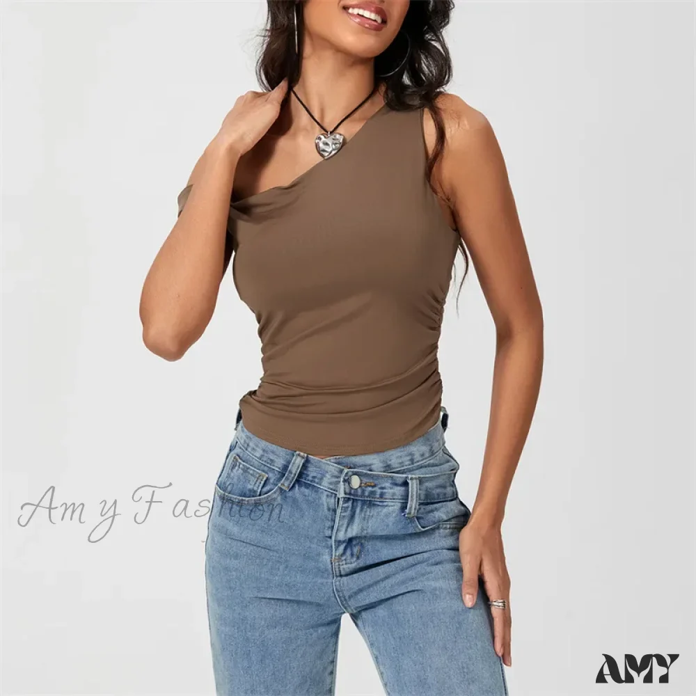 Y2k Solid Color Oblique Shoulder Sleeveless Aesthetic Summer Streetwear Crop Top - Image 6