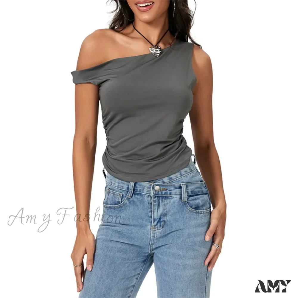 Y2k Solid Color Oblique Shoulder Sleeveless Aesthetic Summer Streetwear Crop Top - Image 7