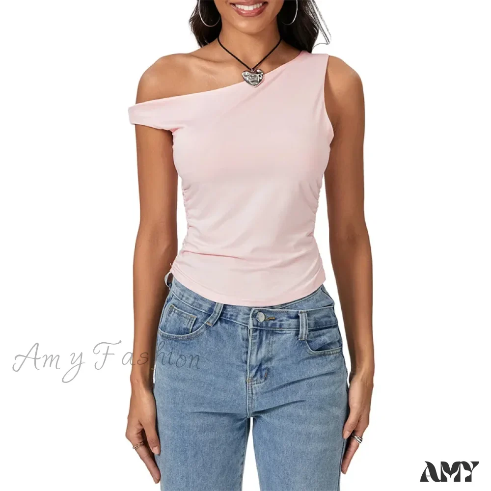Y2k Solid Color Oblique Shoulder Sleeveless Aesthetic Summer Streetwear Crop Top - Image 8