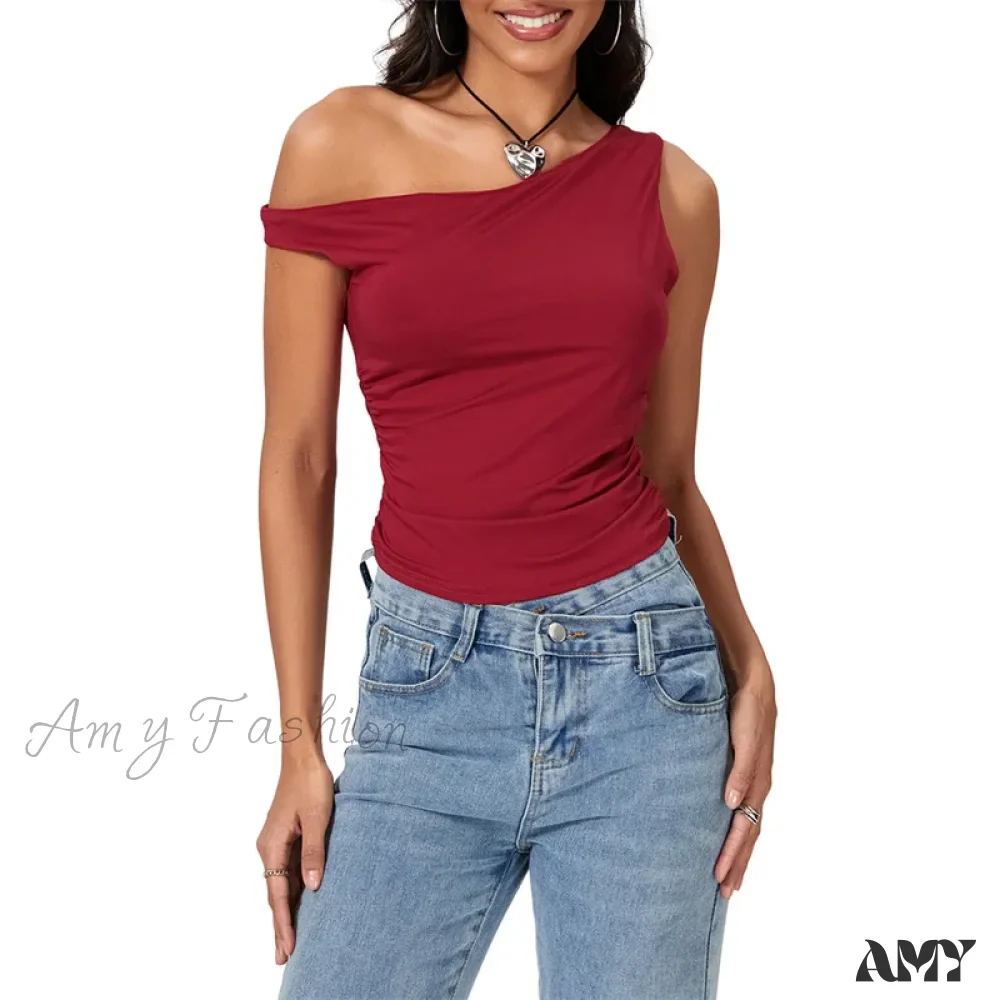 Y2k Solid Color Oblique Shoulder Sleeveless Aesthetic Summer Streetwear Crop Top - Image 9