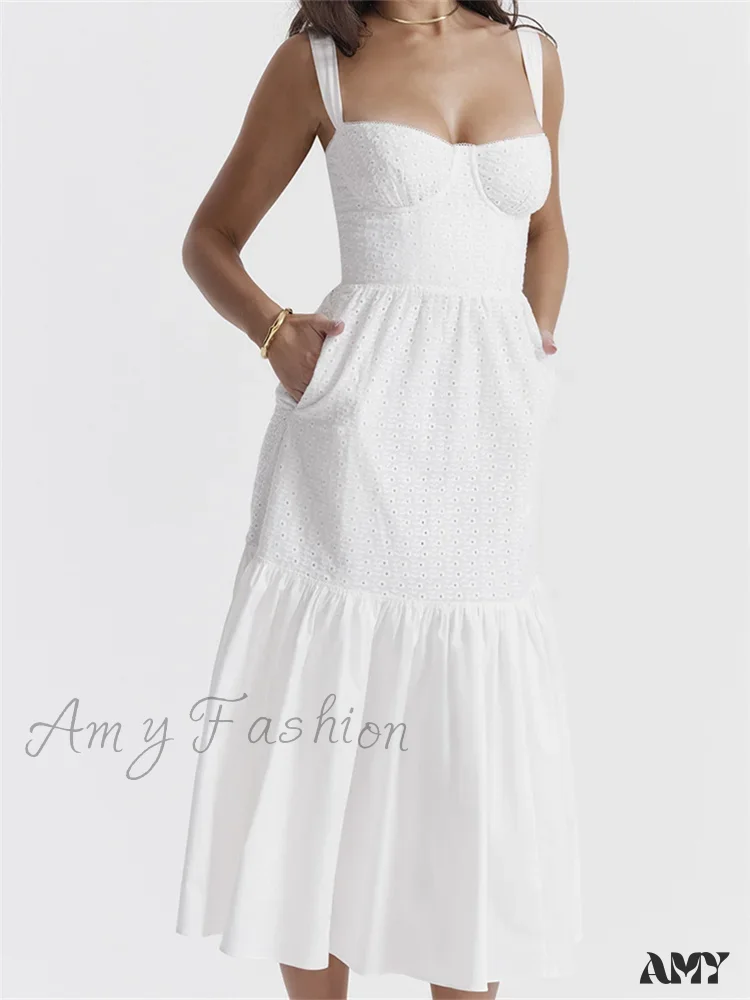 Amy Fashion - Y2K Square Neck Lace  for Women Low Cut Sleeveless Spaghetti Strap White Summer Female Vestidos - Image 2