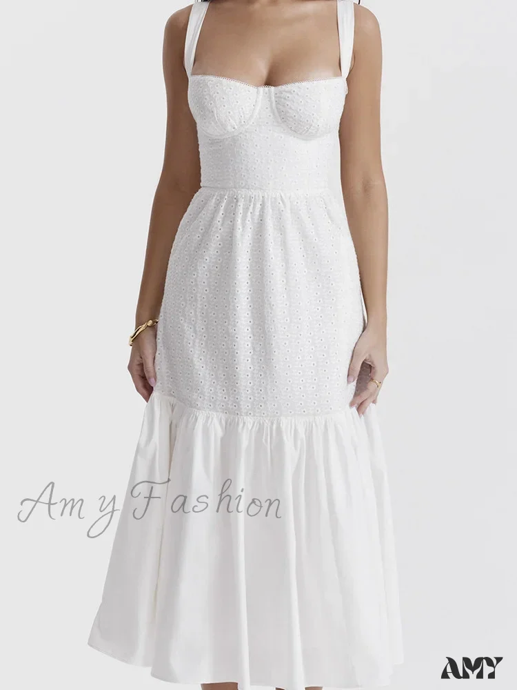 Amy Fashion - Y2K Square Neck Lace  for Women Low Cut Sleeveless Spaghetti Strap White Summer Female Vestidos - Image 3