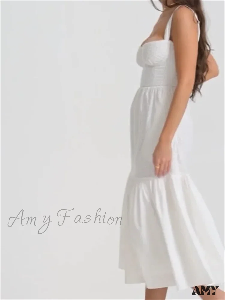 Amy Fashion - Y2K Square Neck Lace  for Women Low Cut Sleeveless Spaghetti Strap White Summer Female Vestidos - Image 4