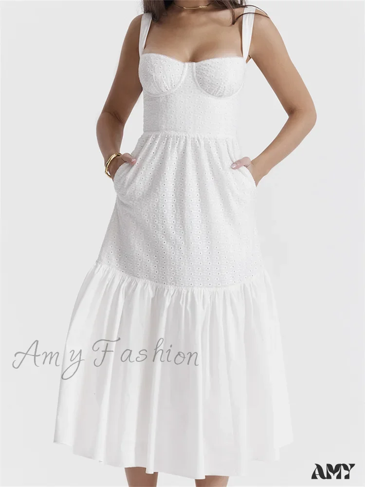 Amy Fashion - Y2K Square Neck Lace  for Women Low Cut Sleeveless Spaghetti Strap White Summer Female Vestidos - Image 6
