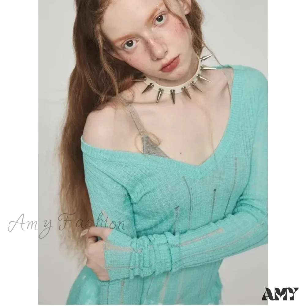Y2K Women Knit Hollow Out V Neck Pullovers See Through Stylish Harajuku Korean Fashion Autumn Gyaru Sweater - Image 2