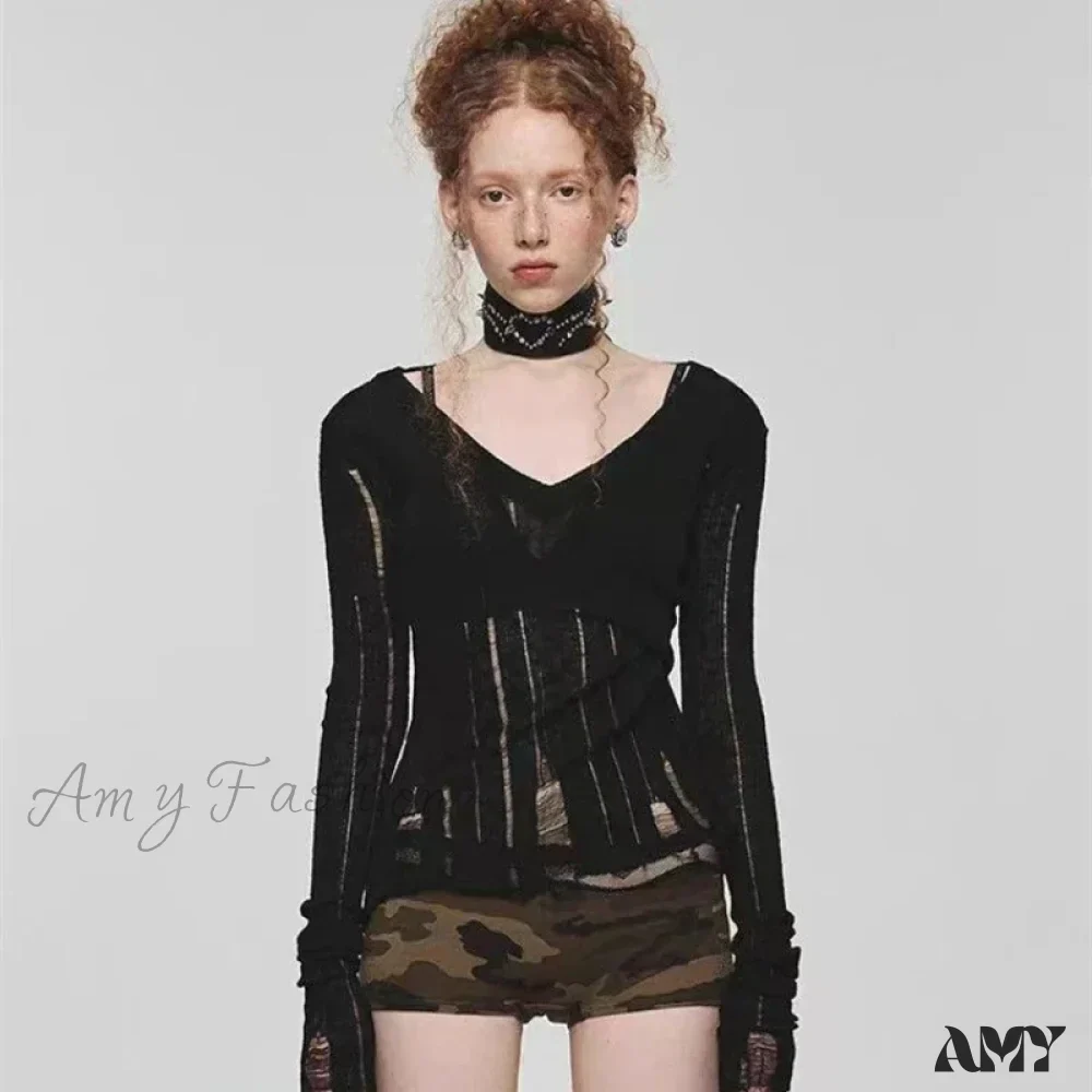 Y2K Women Knit Hollow Out V Neck Pullovers See Through Stylish Harajuku Korean Fashion Autumn Gyaru Sweater - Image 3