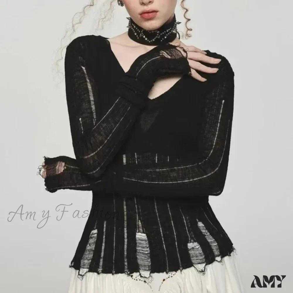 Y2K Women Knit Hollow Out V Neck Pullovers See Through Stylish Harajuku Korean Fashion Autumn Gyaru Sweater - Image 4