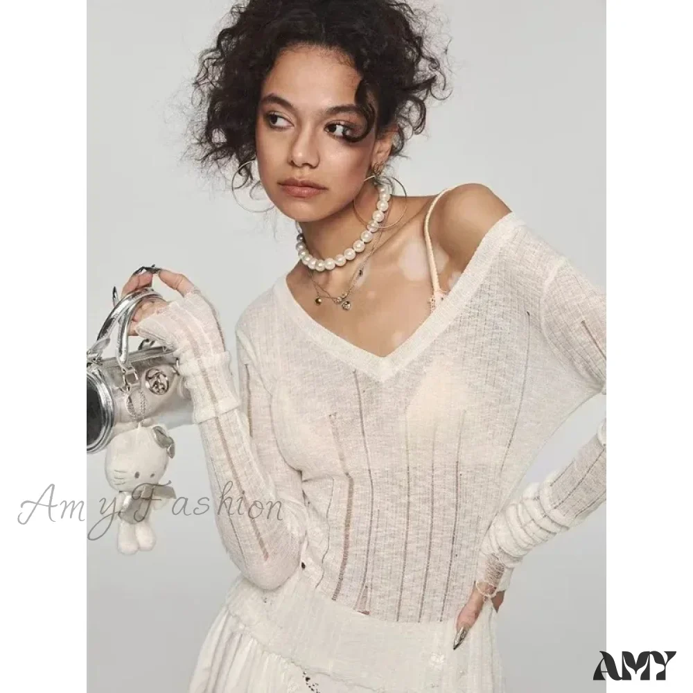 Y2K Women Knit Hollow Out V Neck Pullovers See Through Stylish Harajuku Korean Fashion Autumn Gyaru Sweater - Image 5