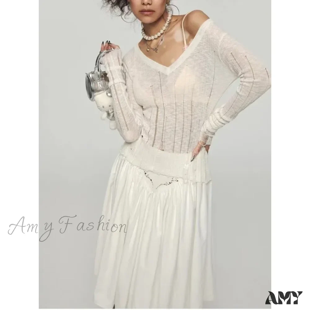 Y2K Women Knit Hollow Out V Neck Pullovers See Through Stylish Harajuku Korean Fashion Autumn Gyaru Sweater - Image 6