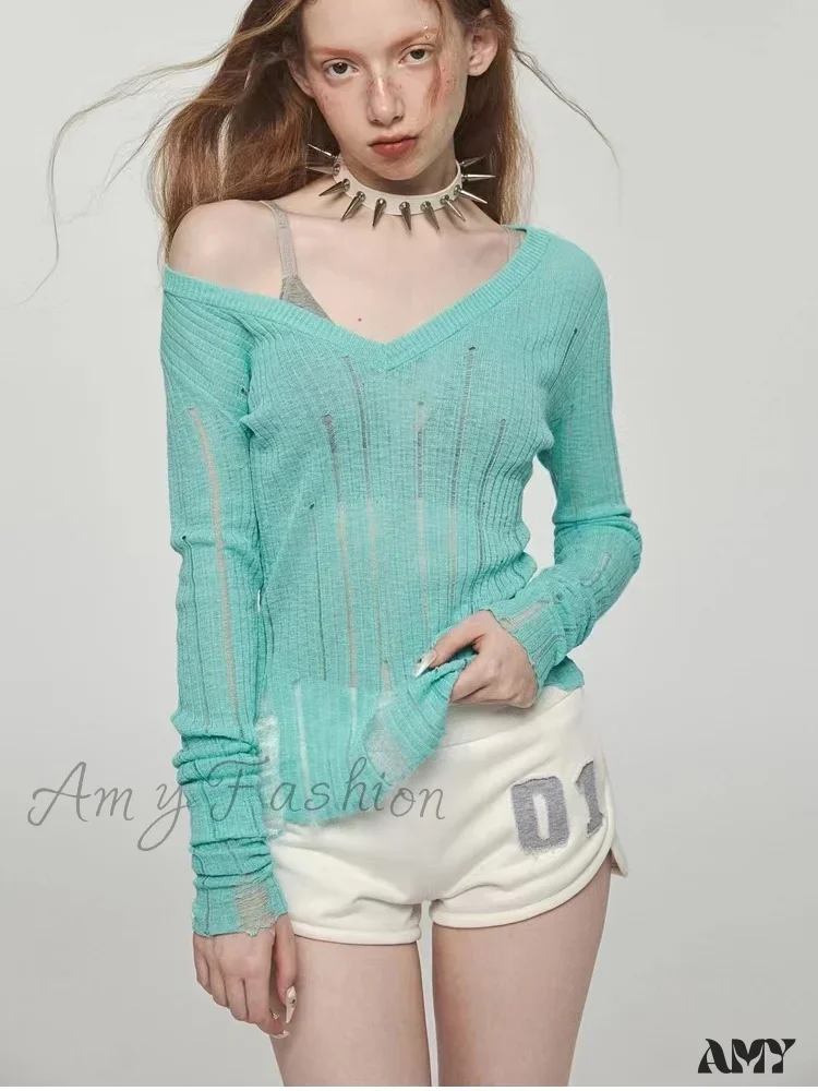 Y2K Women Knit Hollow Out V Neck Pullovers See Through Stylish Harajuku Korean Fashion Autumn Gyaru Sweater - Image 7