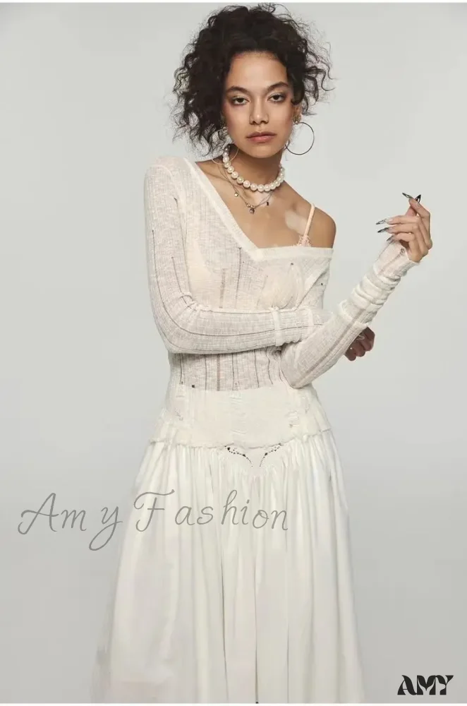Y2K Women Knit Hollow Out V Neck Pullovers See Through Stylish Harajuku Korean Fashion Autumn Gyaru Sweater - Image 8