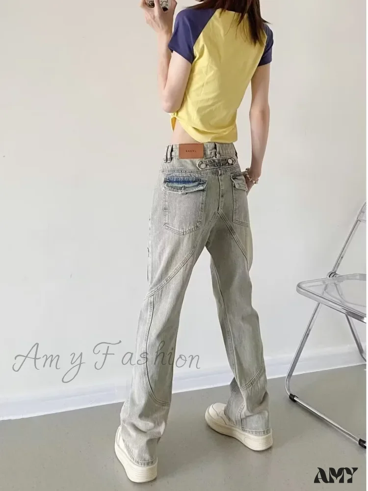Amy Fashion - Yellow Mud Color Street Zippered High Street Trendy Slimming Micro Flared Jean - Image 3