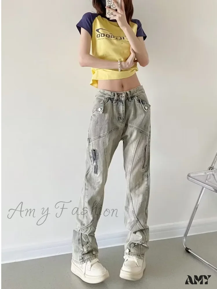 Amy Fashion - Yellow Mud Color Street Zippered High Street Trendy Slimming Micro Flared Jean - Image 4