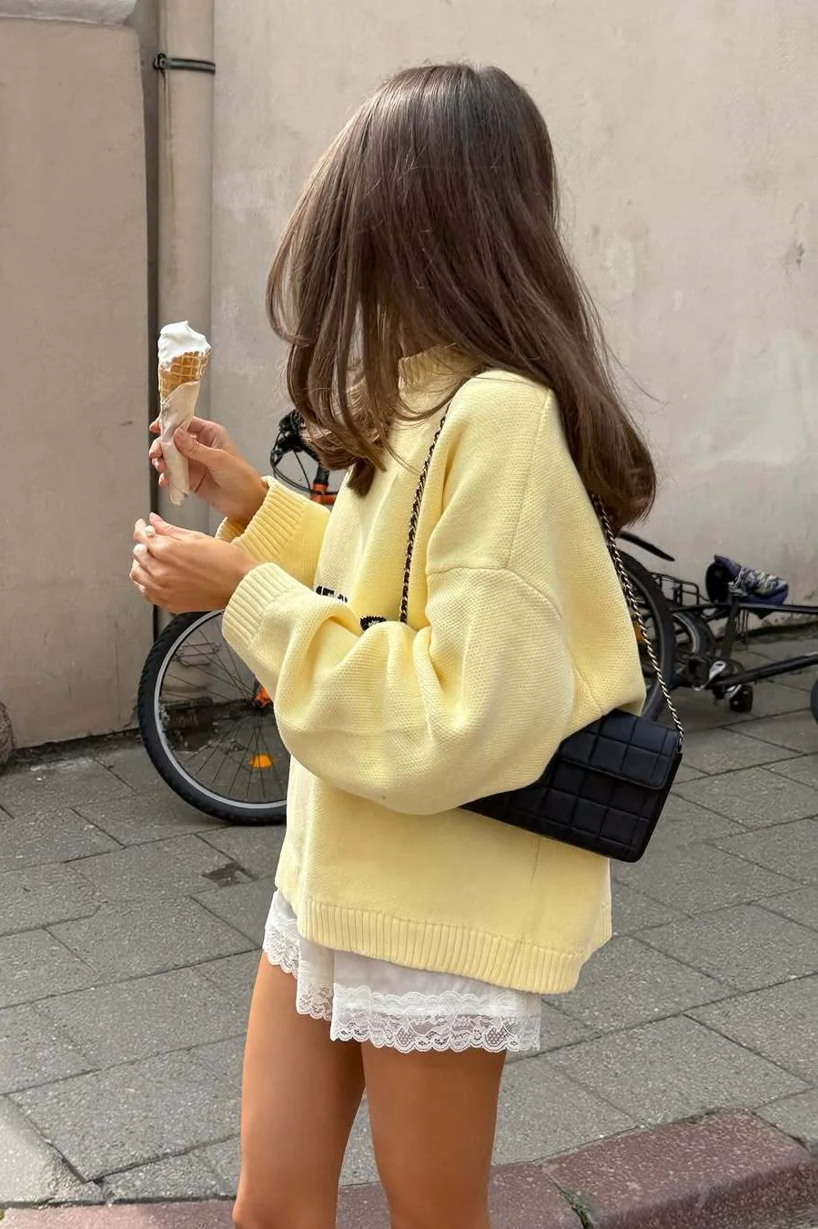 Yellow Retro Slouchy Letter Print Pullover Sweater - Image 2