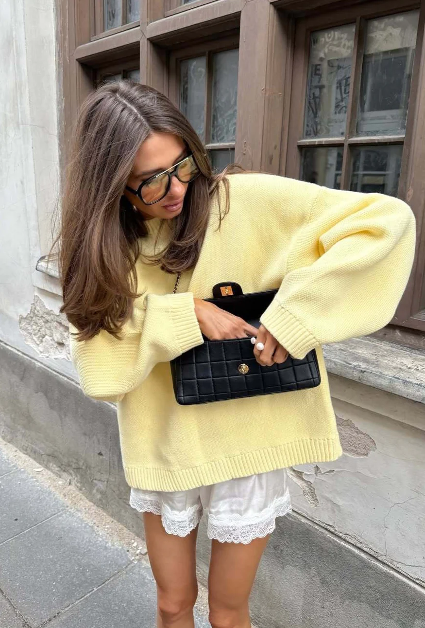 Yellow Retro Slouchy Letter Print Pullover Sweater - Image 3