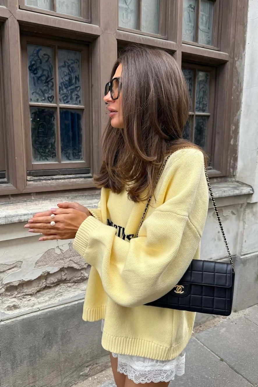 Yellow Retro Slouchy Letter Print Pullover Sweater - Image 5