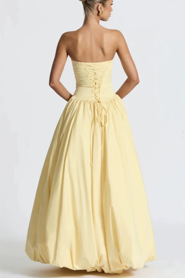 Yellow Strapless Tie Asymmetrical Babydoll Party Dress - Image 2