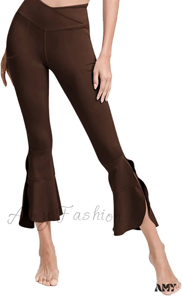 Amy Fashion - Capri Yoga Pants Cross High Waisted Cropped Slit Flared Ruffle Bottom - Image 12