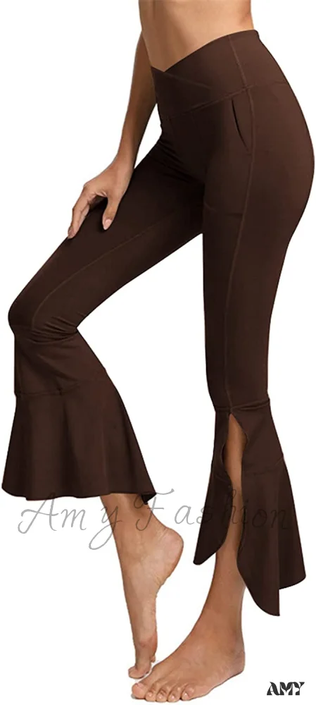 Amy Fashion - Capri Yoga Pants Cross High Waisted Cropped Slit Flared Ruffle Bottom - Image 14
