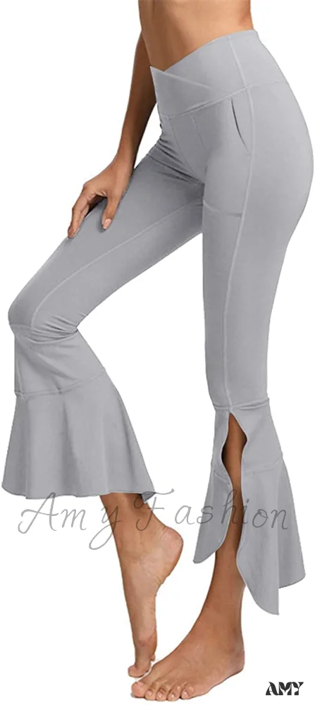 Amy Fashion - Capri Yoga Pants Cross High Waisted Cropped Slit Flared Ruffle Bottom - Image 15