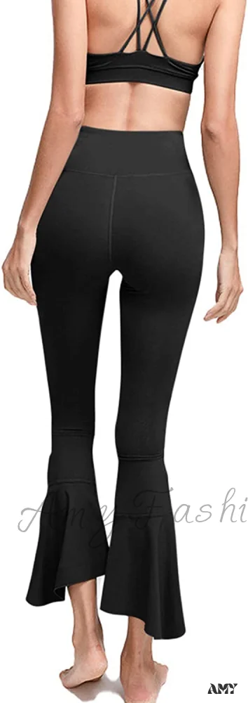 Amy Fashion - Capri Yoga Pants Cross High Waisted Cropped Slit Flared Ruffle Bottom - Image 3