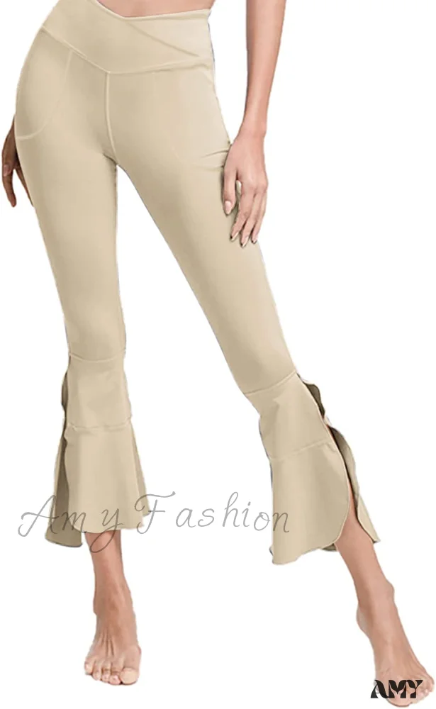 Amy Fashion - Capri Yoga Pants Cross High Waisted Cropped Slit Flared Ruffle Bottom - Image 7