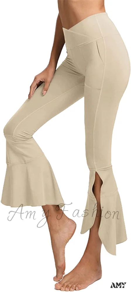 Amy Fashion - Capri Yoga Pants Cross High Waisted Cropped Slit Flared Ruffle Bottom - Image 8