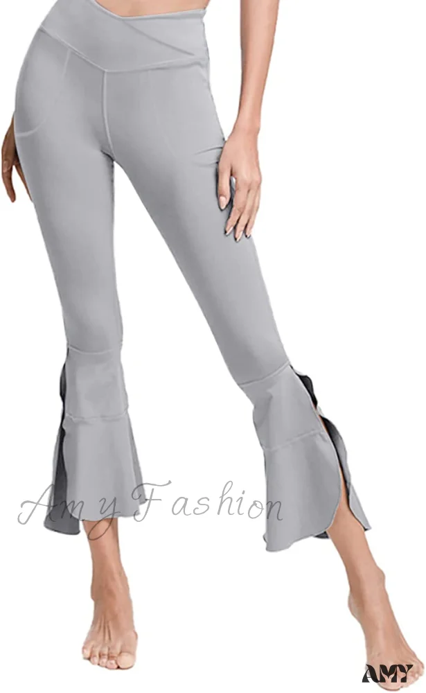 Amy Fashion - Capri Yoga Pants Cross High Waisted Cropped Slit Flared Ruffle Bottom - Image 9