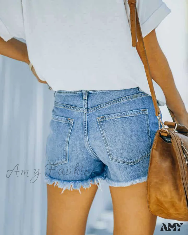 Amy Fashion - Zipper Fly Fashion Retro Blue Hot Pants Streetwear - Image 3