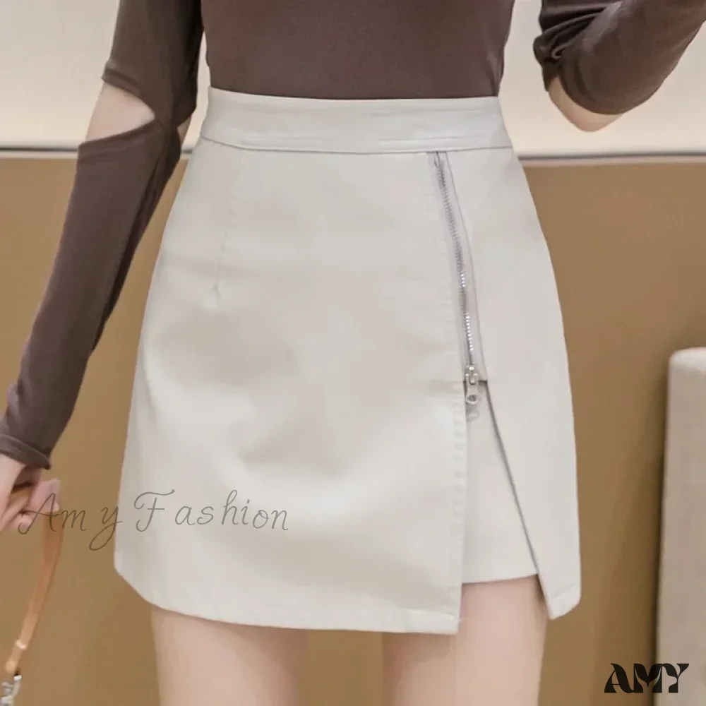 Zipper Opening Anti-light Leather High Waist Trendy Elegant A-Line Skirt - Image 2