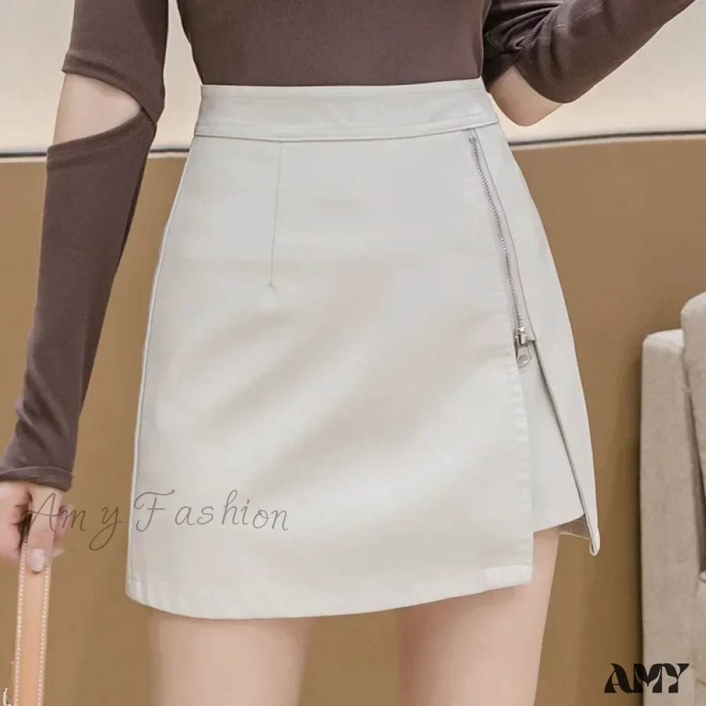 Zipper Opening Anti-light Leather High Waist Trendy Elegant A-Line Skirt - Image 4